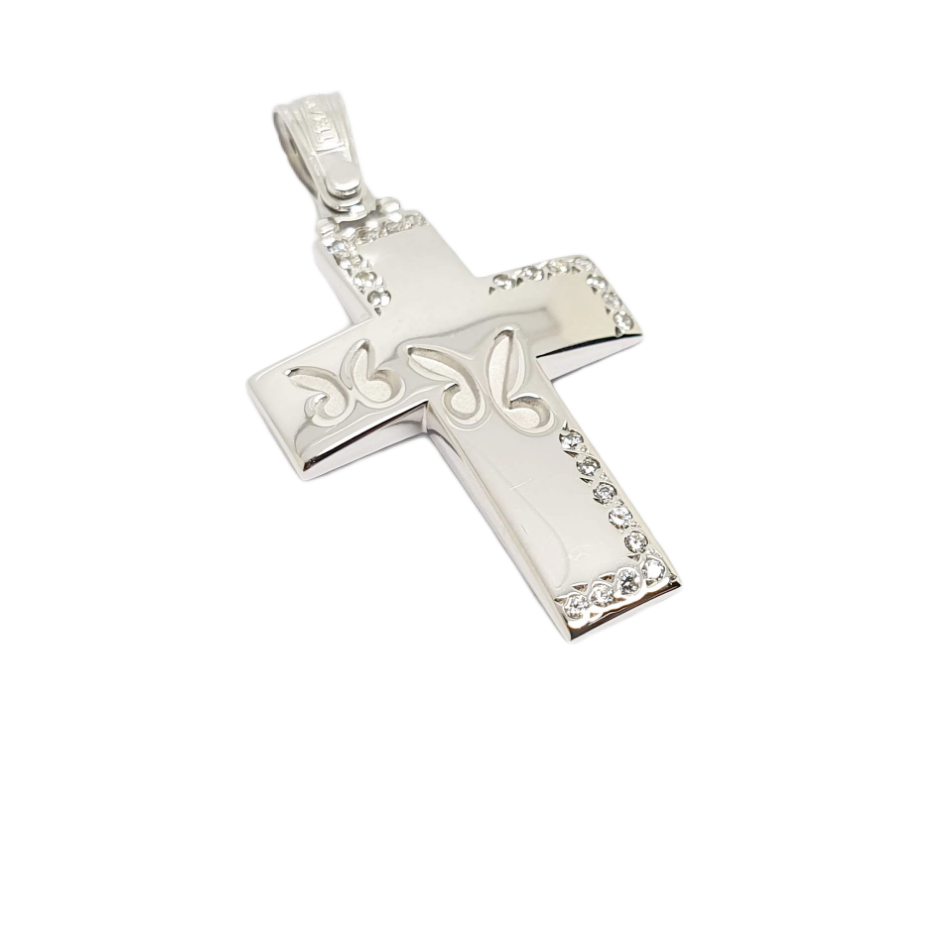 White gold cross k14 with butterflies and zircon (code AL1842)